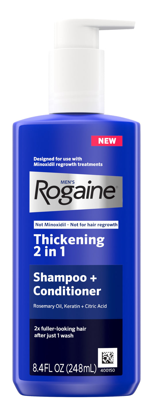 Bottle of Men's Rogaine Thickening 2 in 1 Shampoo + Conditioner on a white background.
