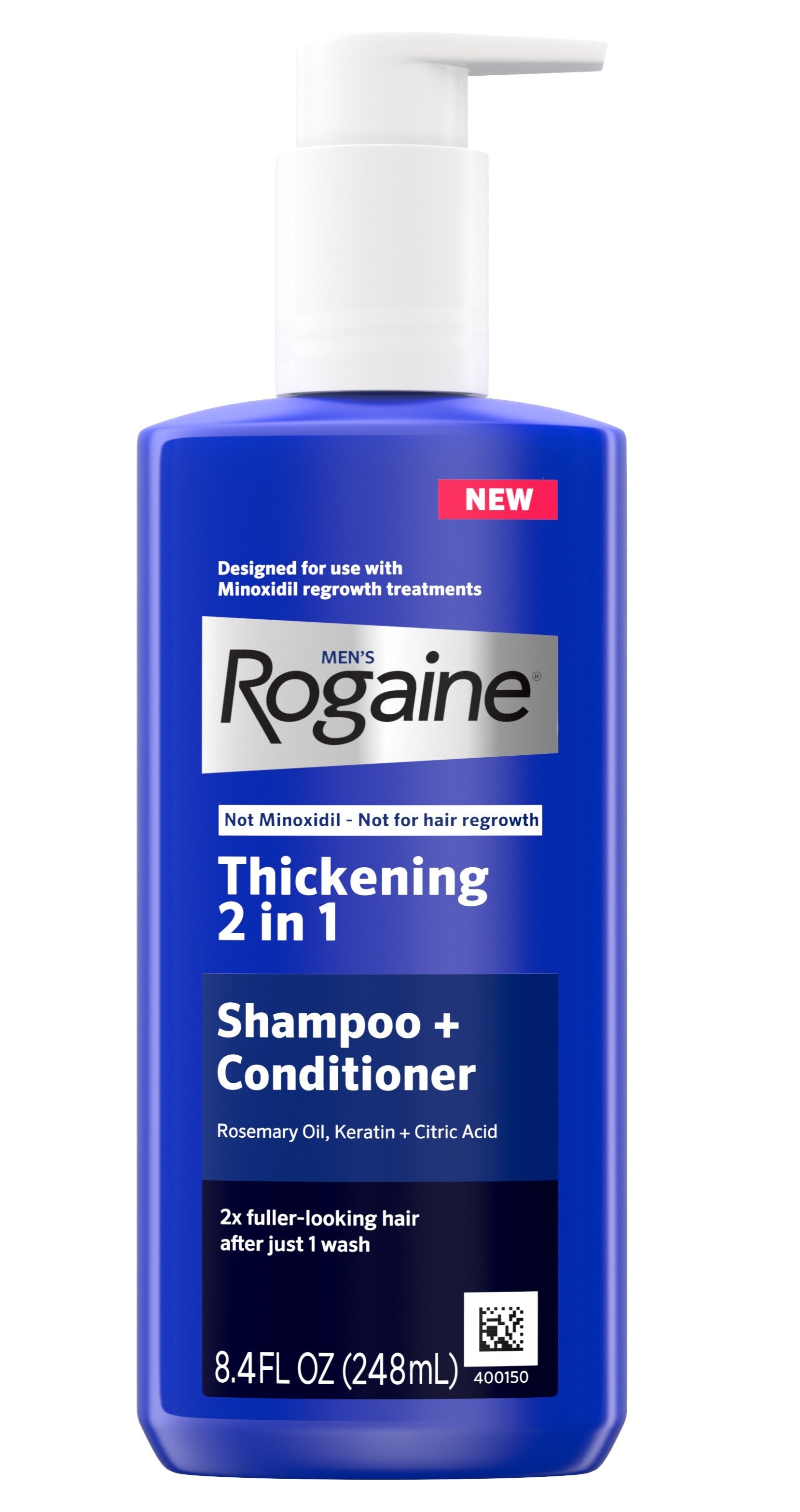 Blue bottle of men's ROGAINE® 2-in-1 Shampoo + Conditioner on a white background