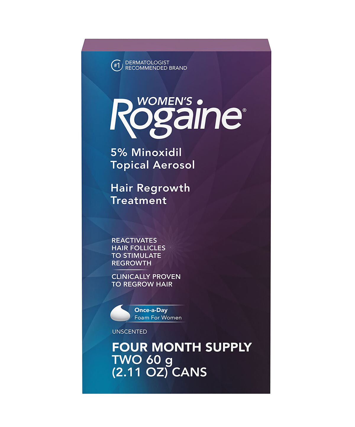 The front of a box of a four-month supple of Women's ROGAINE® 5% Minoxodil Tropical Aerosol.