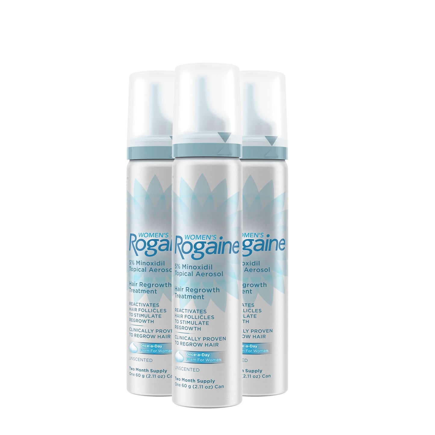 Three Bottles of Women's ROGAINE® Foam Solution on a white background.