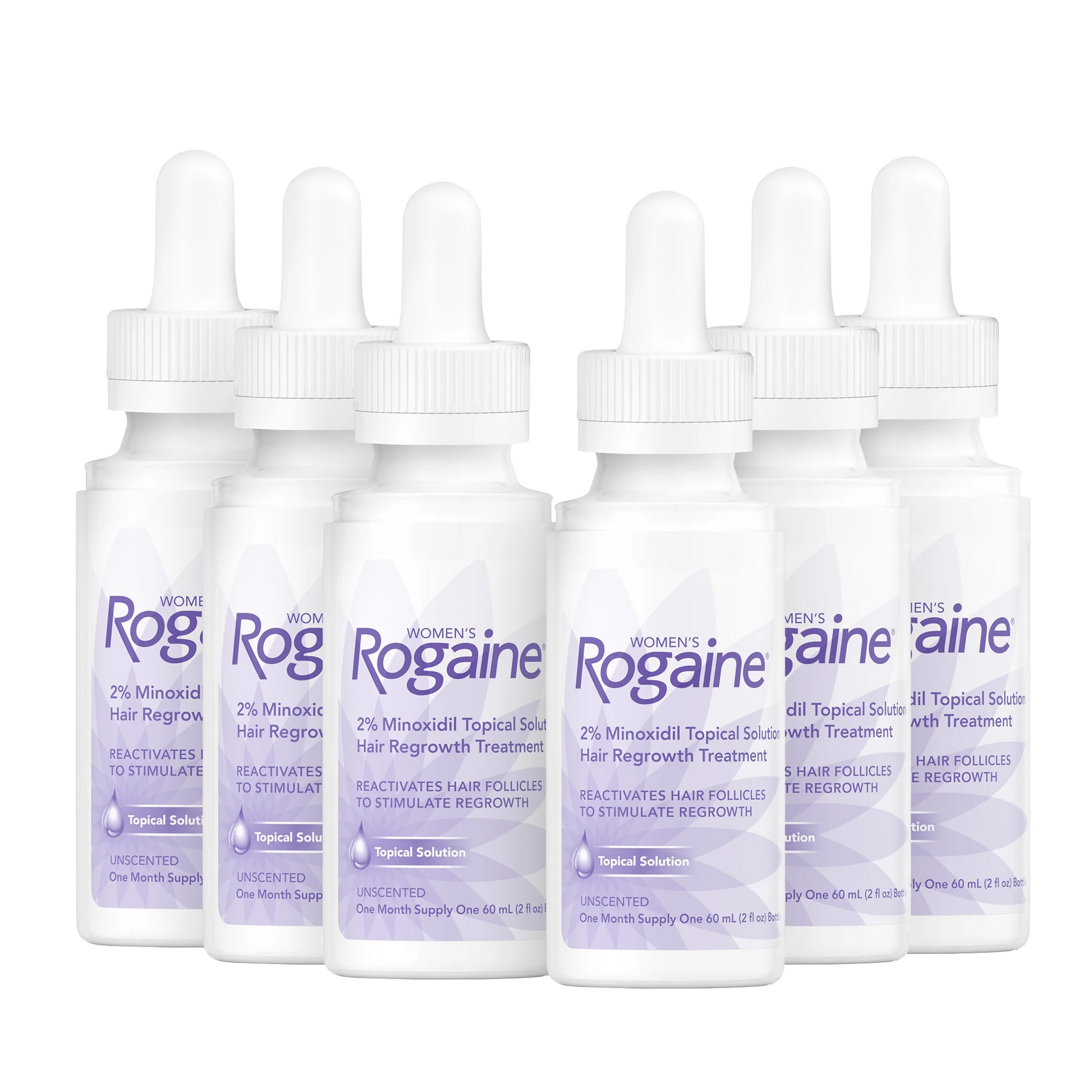 Six purple bottles of  Women's ROGAINE® Topical Solution on a white background.