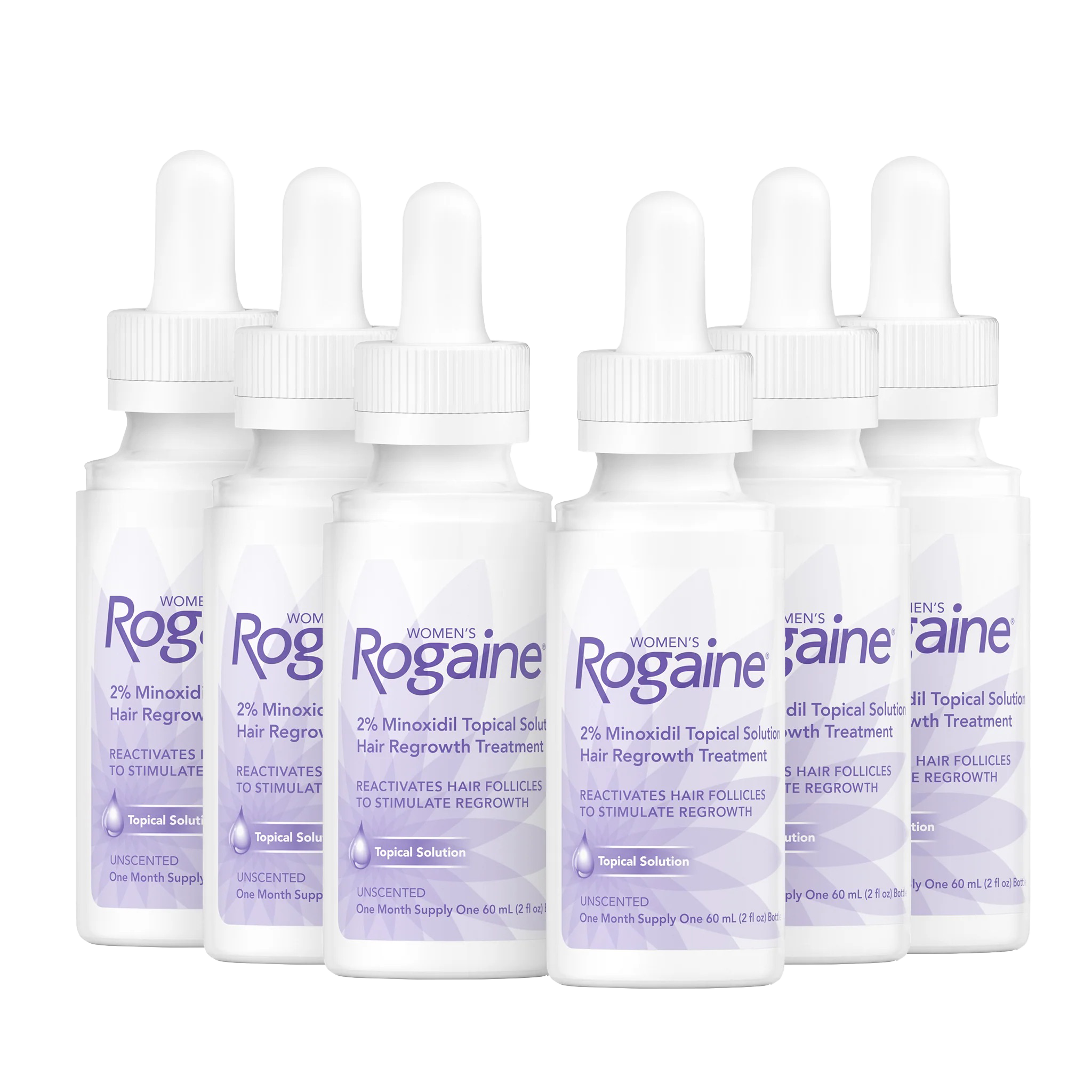 Six purple bottles of  Women's ROGAINE® Topical Solution on a white background.