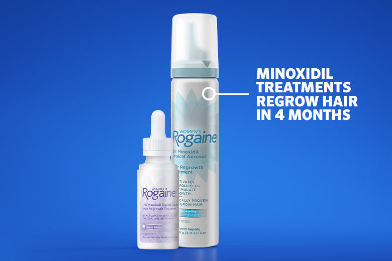 Woman with long brown wavy hair smiling wearing a blue shirt. Featuring bottles of Women's Rogaine Foam and Topical Solution.