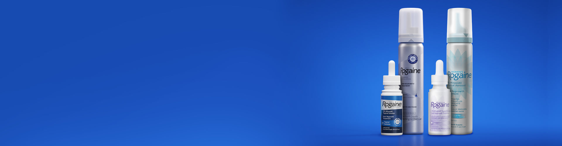 Bottles of Men and Women's Rogaine Foam and Solution on a blue background.