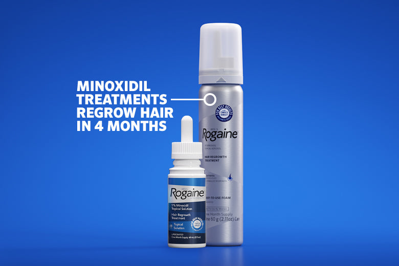 Bottles of Men's ROGAINE® Foam and Solution on a blue background.