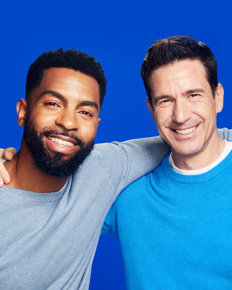 Two men wearing light blue sweaters on a blue background. Text indicating that you can unlock 15% off when you take a quick rogaine quiz to discover the right formula for you.