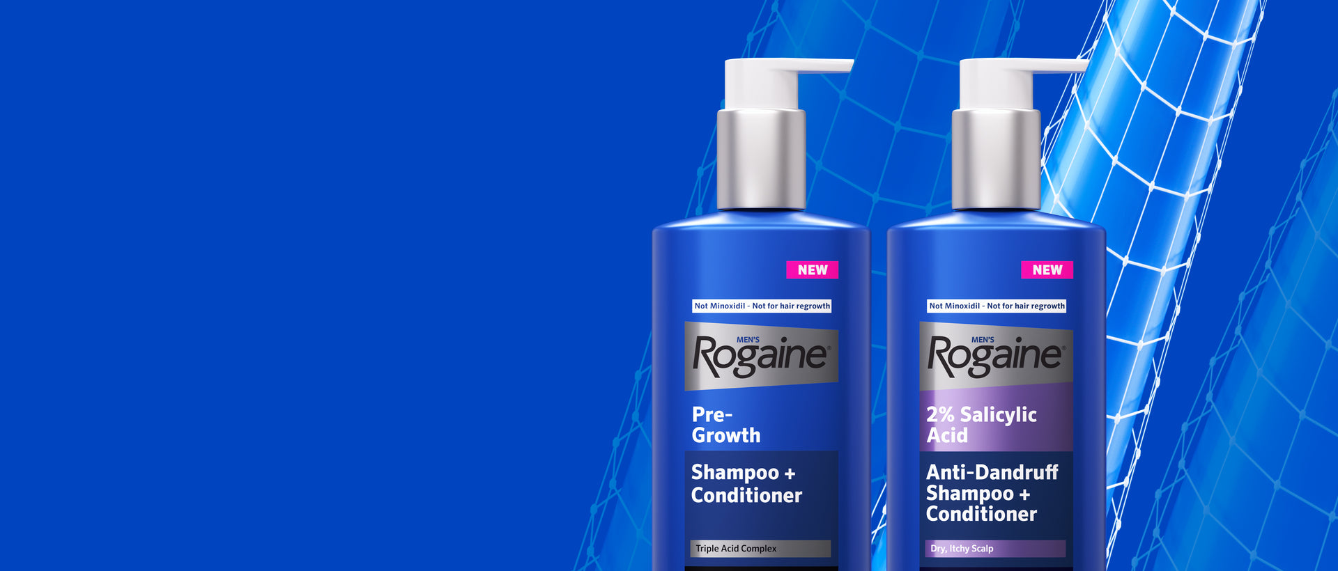  2 bottles of new Men's Rogaine shampoos on a blue background.