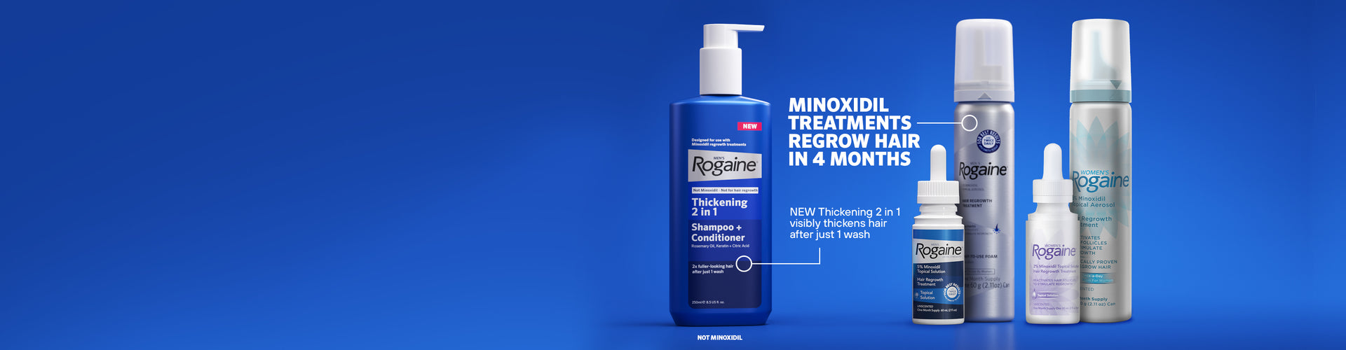 Bottle of women's ROGAINE® Foam and Topical Solution on a blue background. 
