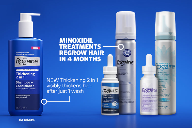 Bottles of men’s and women’s ROGAINE® Foam and Solution, with Thickening 2 in 1 Shampoo + Conditioner on a blue background.