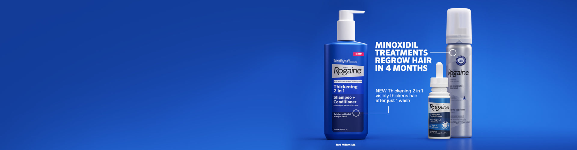 Bottle of Men's ROGAINE® Minxodil products and Thickening 2 in 1 Shampoo+ Conditioner on a blue background.