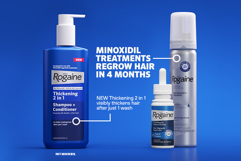 Bottle of Men's ROGAINE® Minxodil products and Thickening 2 in 1 Shampoo+ Conditioner on a blue background.
