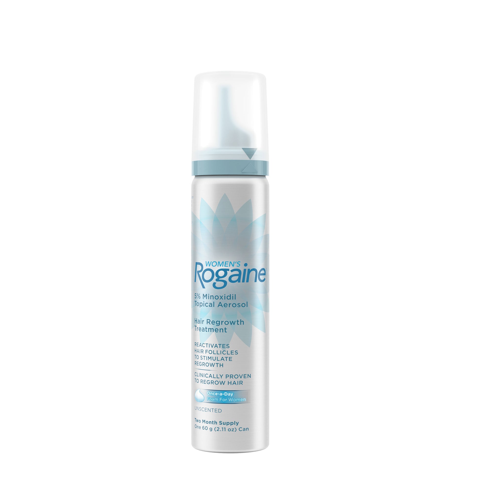 Bottle of Women's ROGAINE® Foam Solution on a white background. 
