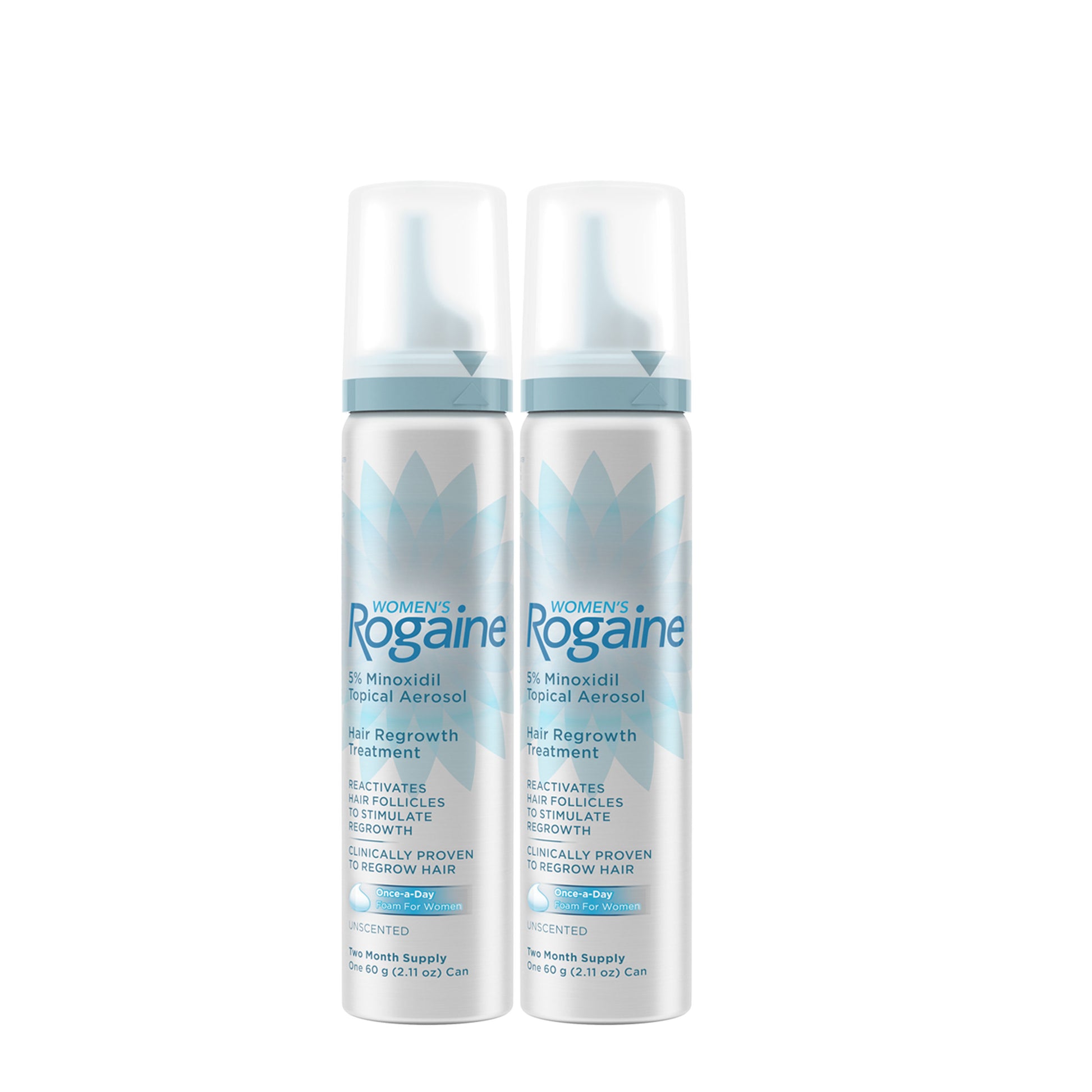 Two Bottles of Women's ROGAINE® Foam Solution on a white background. 