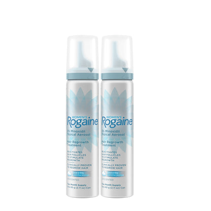 Two Bottles of Women's ROGAINE® Foam Solution on a white background. 