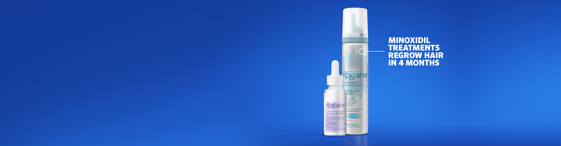 Bottle of women's ROGAINE® Foam and Topical Solution on a blue background. 